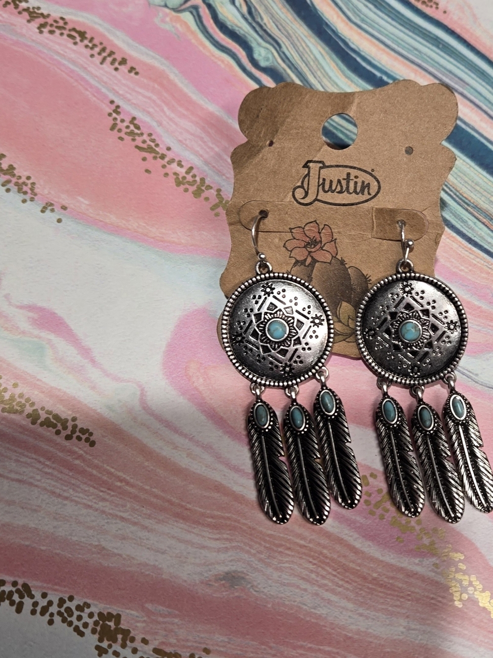 Justin Boots Silver-Tone Turquoise Medallion Feather Dangle Earrings